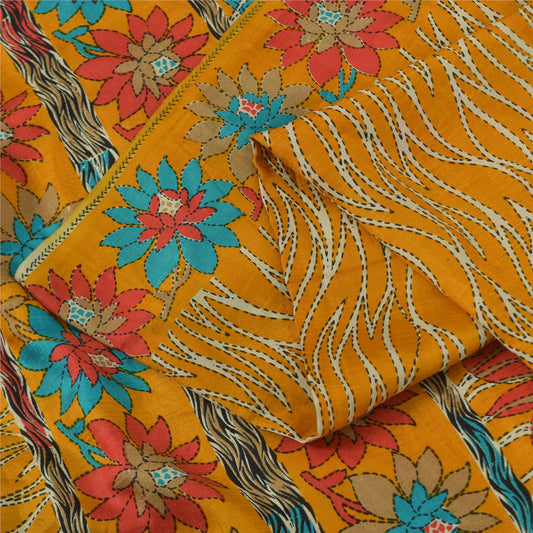 Sanskriti Vintage Sarees Yellow Indian Pure Silk Printed Sari 5+yd Craft Fabric