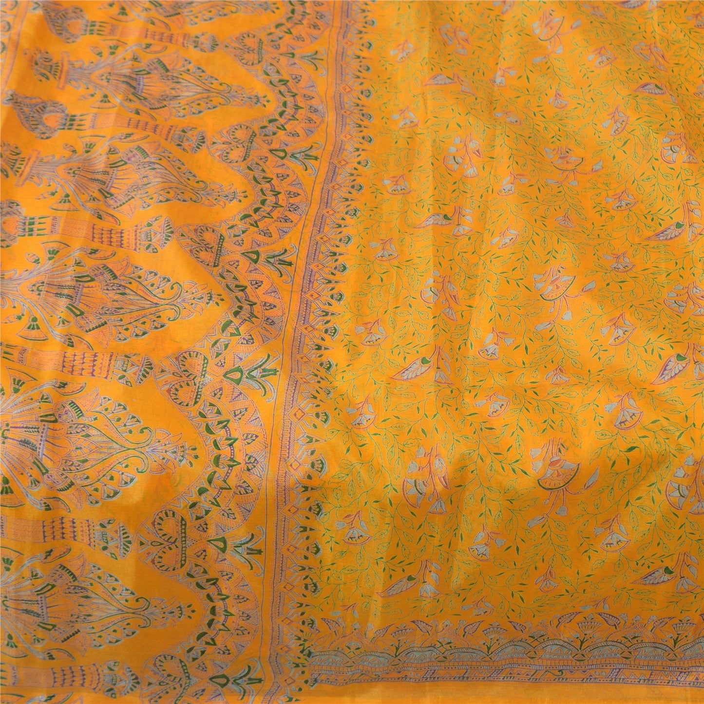 Sanskriti Vintage Sarees Yellow Indian Pure Silk Printed Sari 5+yd Craft Fabric