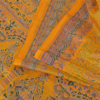 Sanskriti Vintage Sarees Yellow Indian Pure Silk Printed Sari 5+yd Craft Fabric