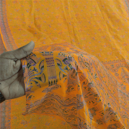 Sanskriti Vintage Sarees Yellow Indian Pure Silk Printed Sari 5+yd Craft Fabric