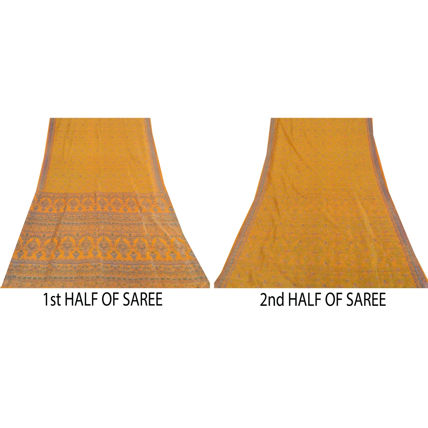 Sanskriti Vintage Sarees Yellow Indian Pure Silk Printed Sari 5+yd Craft Fabric