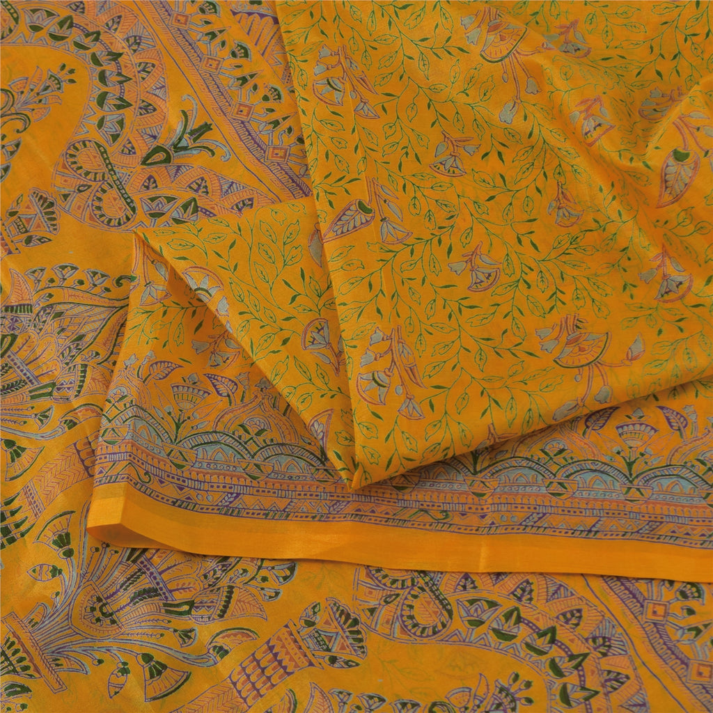 Sanskriti Vintage Sarees Yellow Indian Pure Silk Printed Sari 5+yd Craft Fabric
