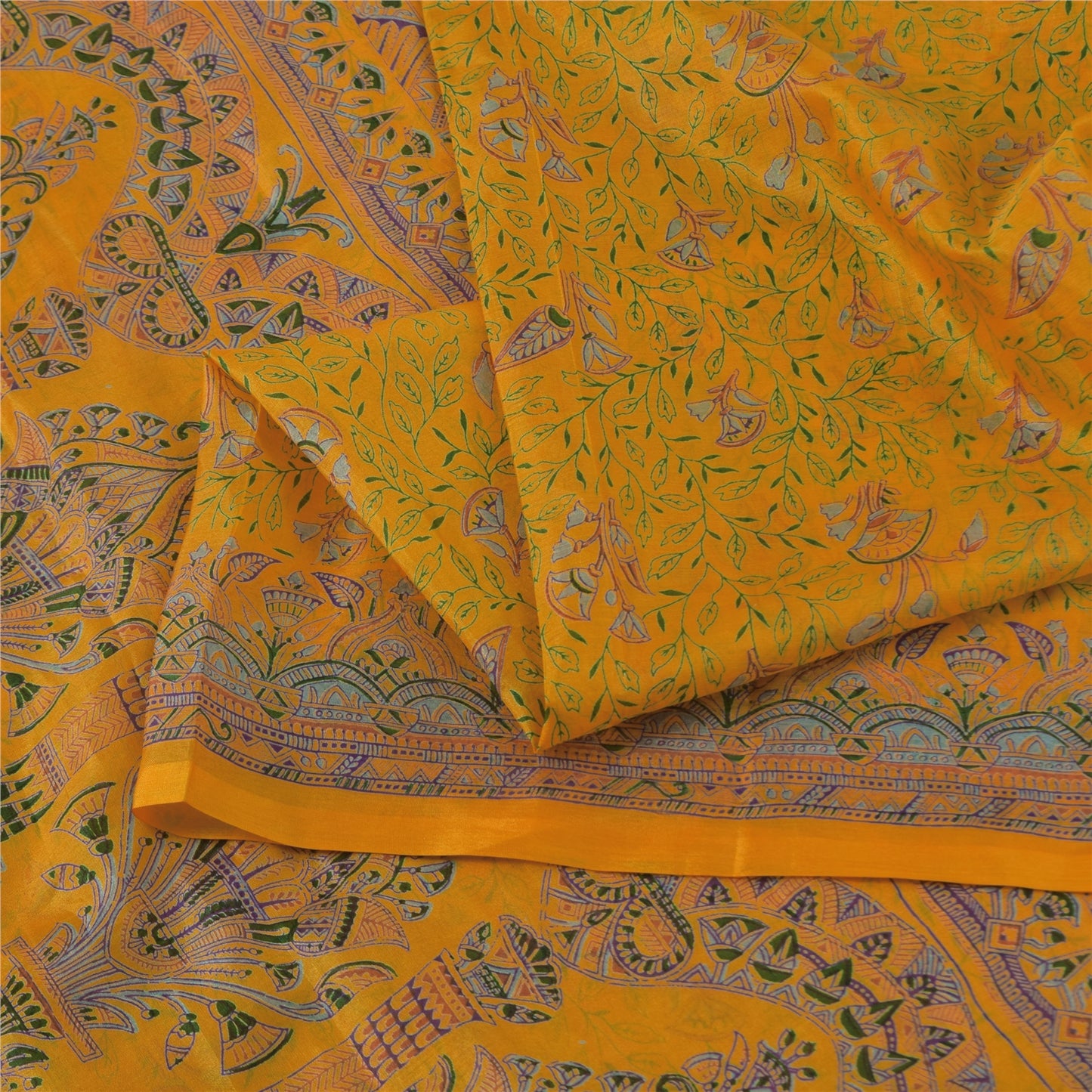 Sanskriti Vintage Sarees Yellow Indian Pure Silk Printed Sari 5+yd Craft Fabric
