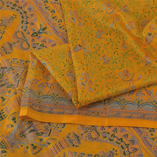 Sanskriti Vintage Sarees Yellow Indian Pure Silk Printed Sari 5+yd Craft Fabric