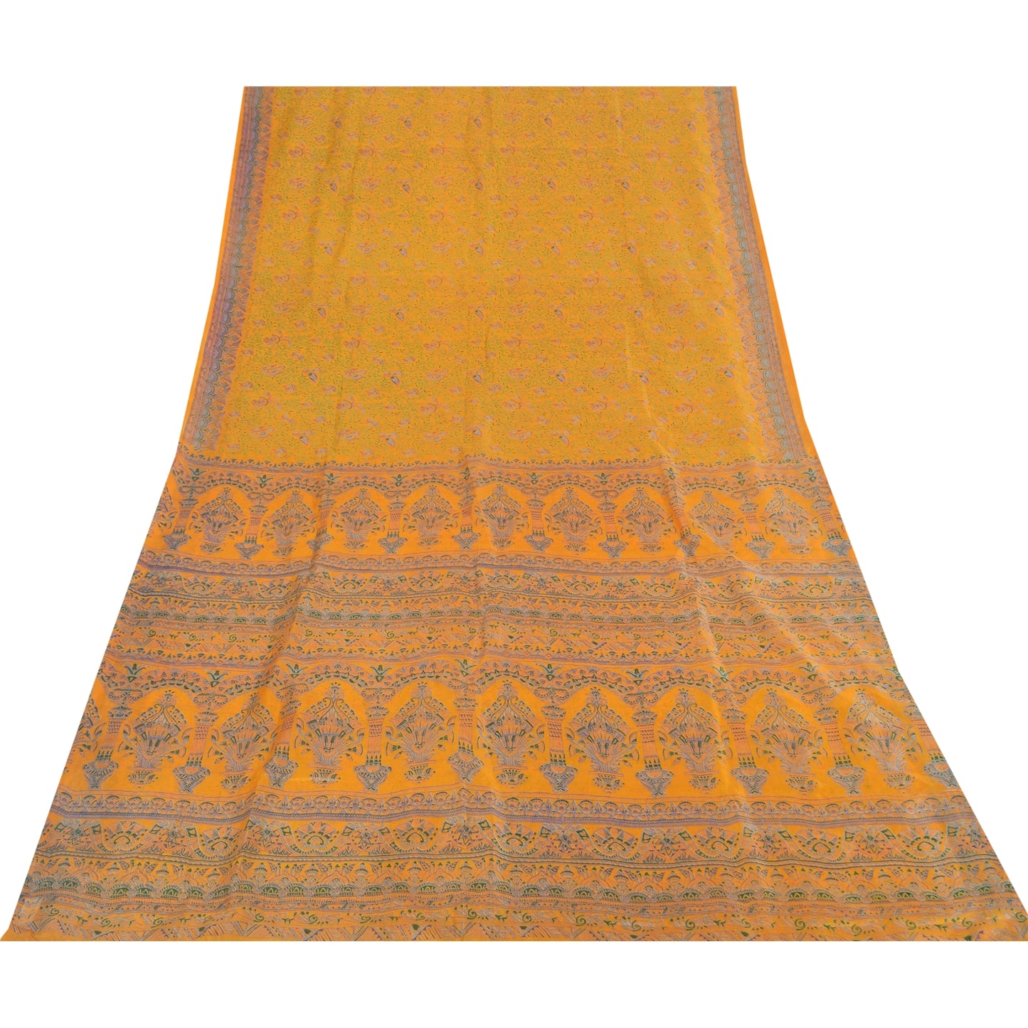 Sanskriti Vintage Sarees Yellow Indian Pure Silk Printed Sari 5+yd Craft Fabric