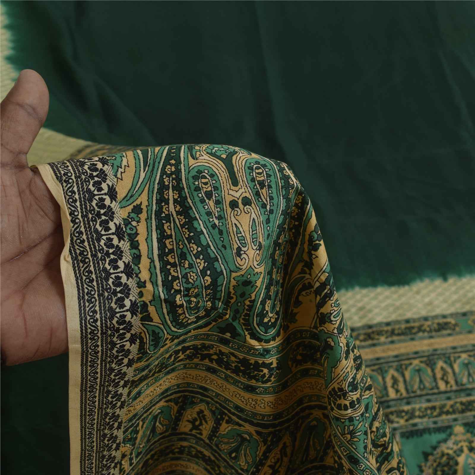 Sanskriti Vintage Sarees Green 100% Pure Silk Printed Sari 6+yd Craft Fabric