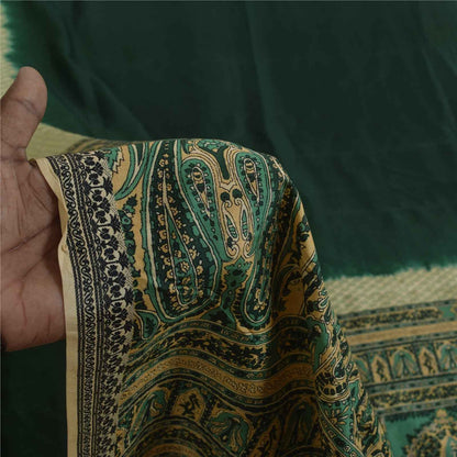 Sanskriti Vintage Sarees Green 100% Pure Silk Printed Sari 6+yd Craft Fabric