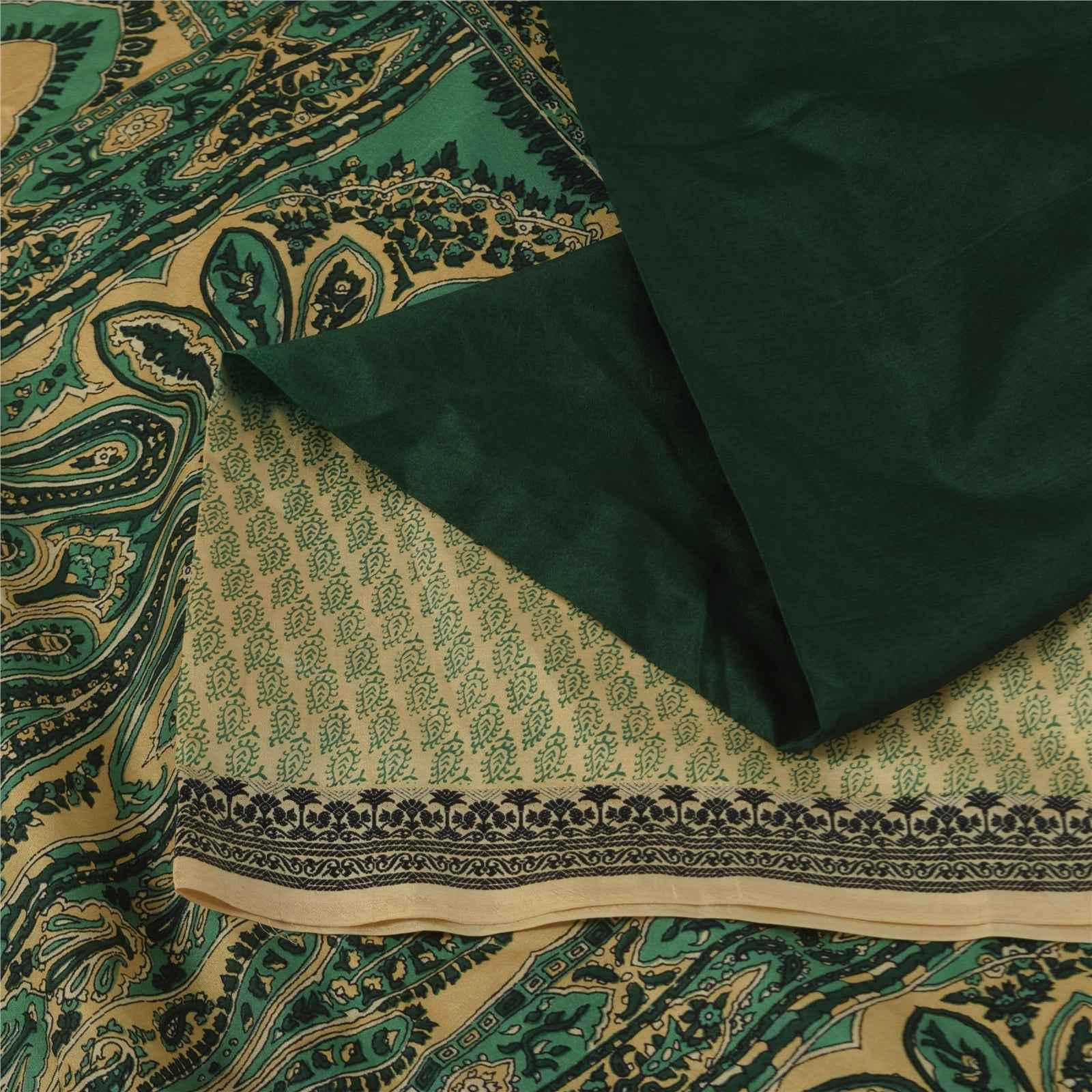 Sanskriti Vintage Sarees Green 100% Pure Silk Printed Sari 6+yd Craft Fabric
