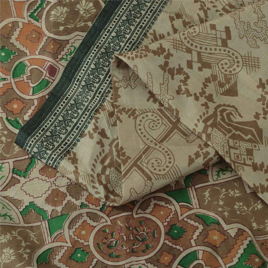 Sanskriti Vintage Sarees Pale Cream Pure Silk Printed Sari 6+yd Craft Fabric