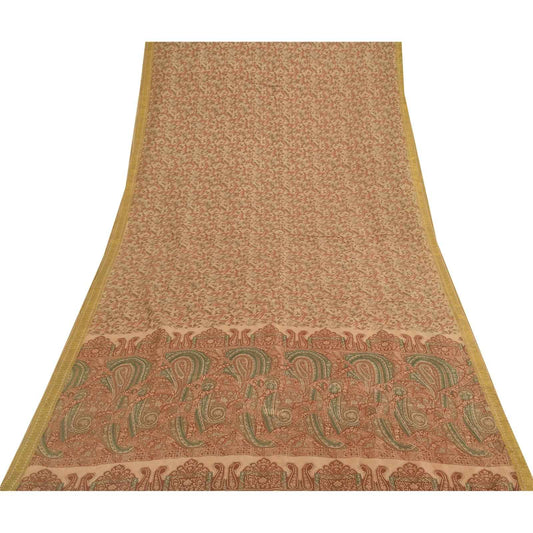 Sanskriti Vintage Sarees Peach Pure Silk Zari Border Printed Sari 5+yd Fabric