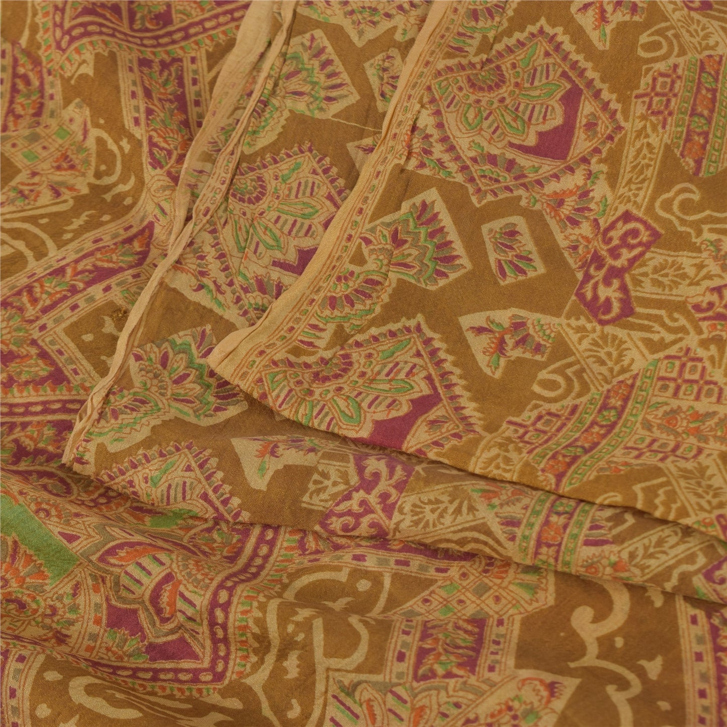 Sanskriti Vintage Sarees Heena-Green Pure Silk Printed Sari 6+yd Craft Fabric