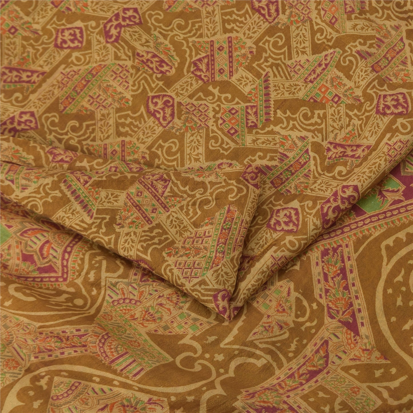 Sanskriti Vintage Sarees Heena-Green Pure Silk Printed Sari 6+yd Craft Fabric