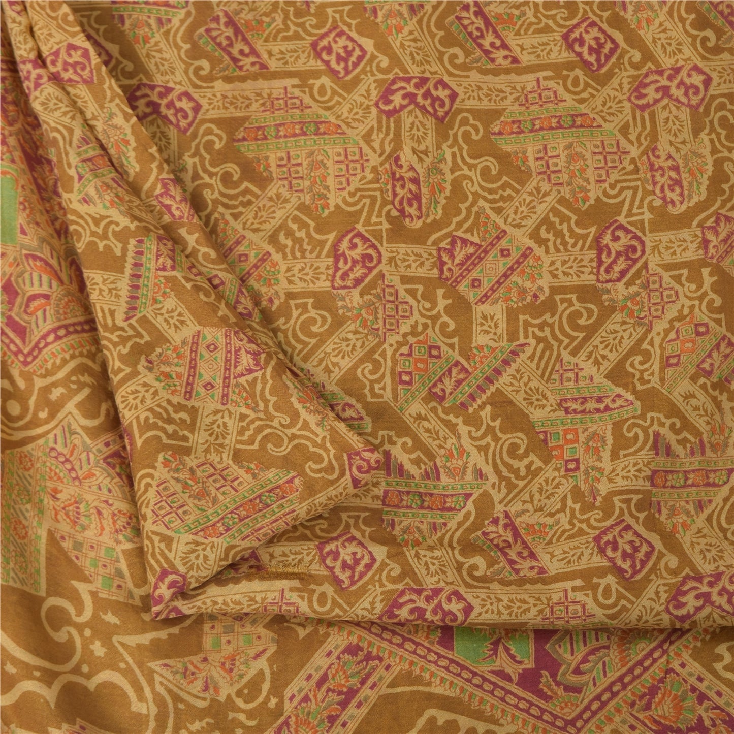 Sanskriti Vintage Sarees Heena-Green Pure Silk Printed Sari 6+yd Craft Fabric