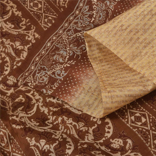 Sanskriti Vintage Sarees Peach & Brown Pure Silk Printed Sari 5+yd Craft Fabric