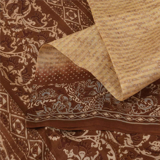 Sanskriti Vintage Sarees Peach & Brown Pure Silk Printed Sari 5+yd Craft Fabric