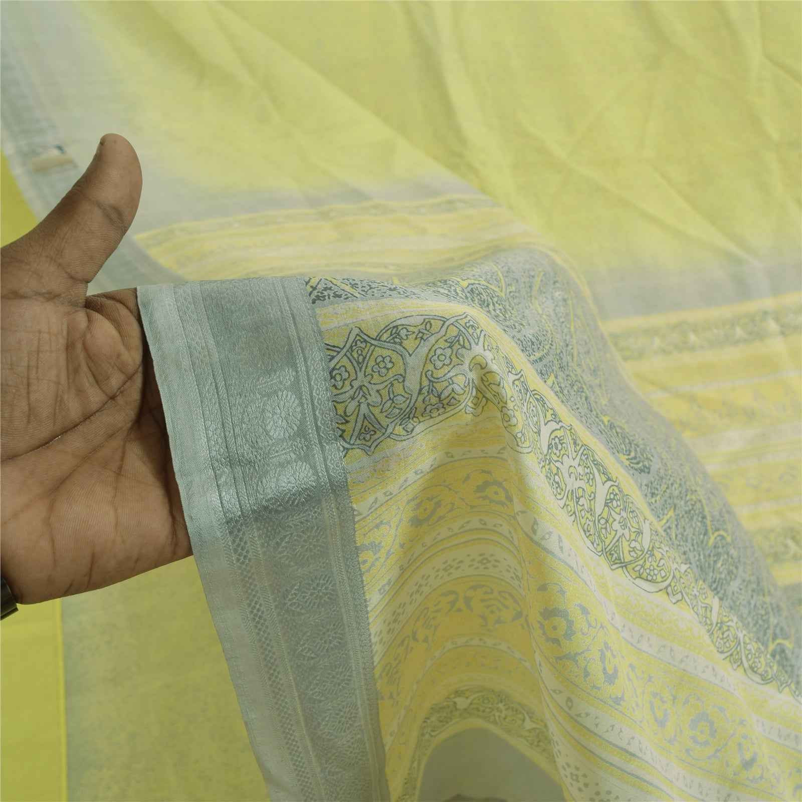 Sanskriti Vintage Sarees Green 100% Pure Silk Printed Sari 6+yd Craft Fabric