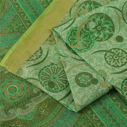 Sanskriti Vintage Sarees Green Zari Border Pure Silk Printed Sari 5+yd Fabric