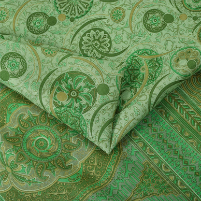 Sanskriti Vintage Sarees Green Zari Border Pure Silk Printed Sari 5+yd Fabric