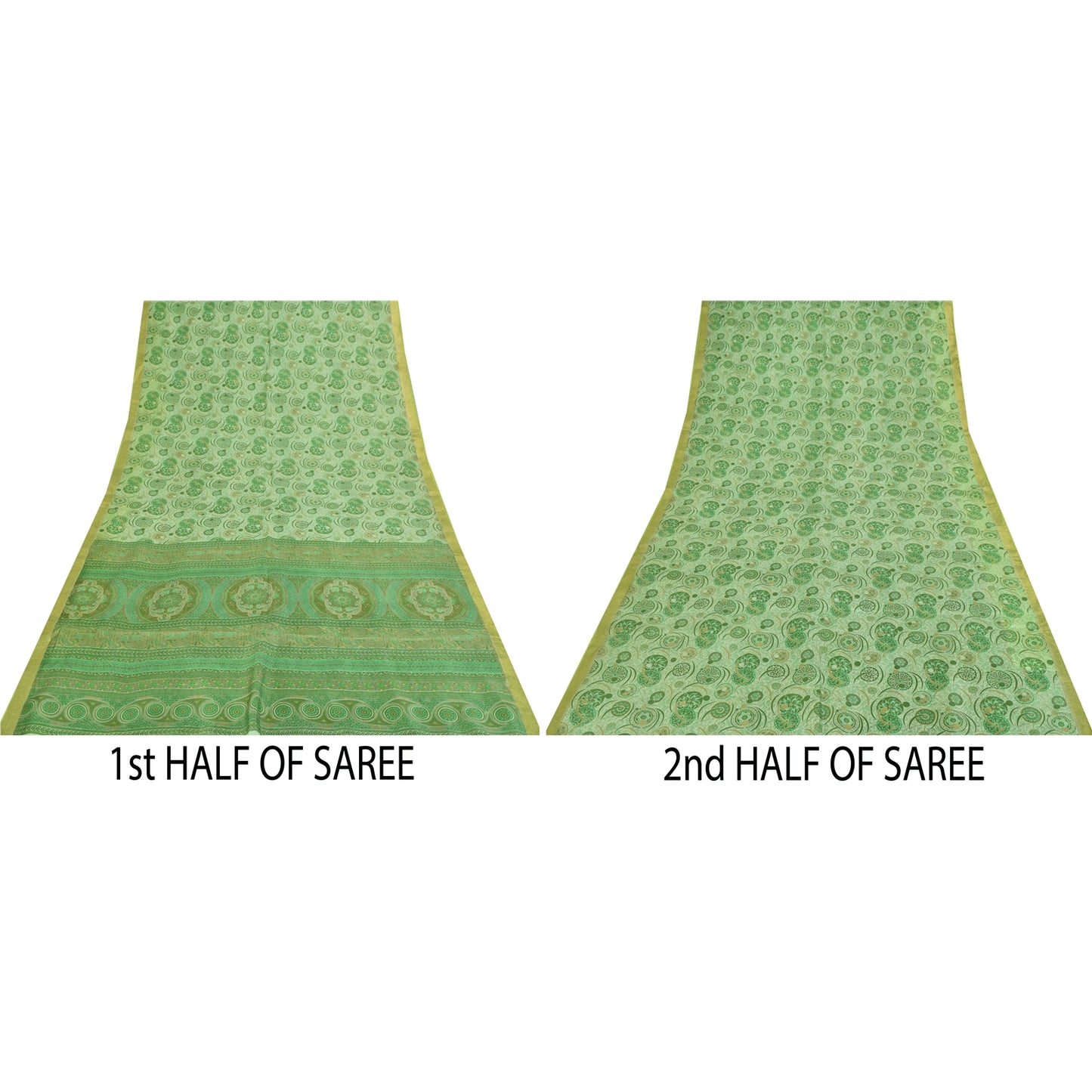 Sanskriti Vintage Sarees Green Zari Border Pure Silk Printed Sari 5+yd Fabric