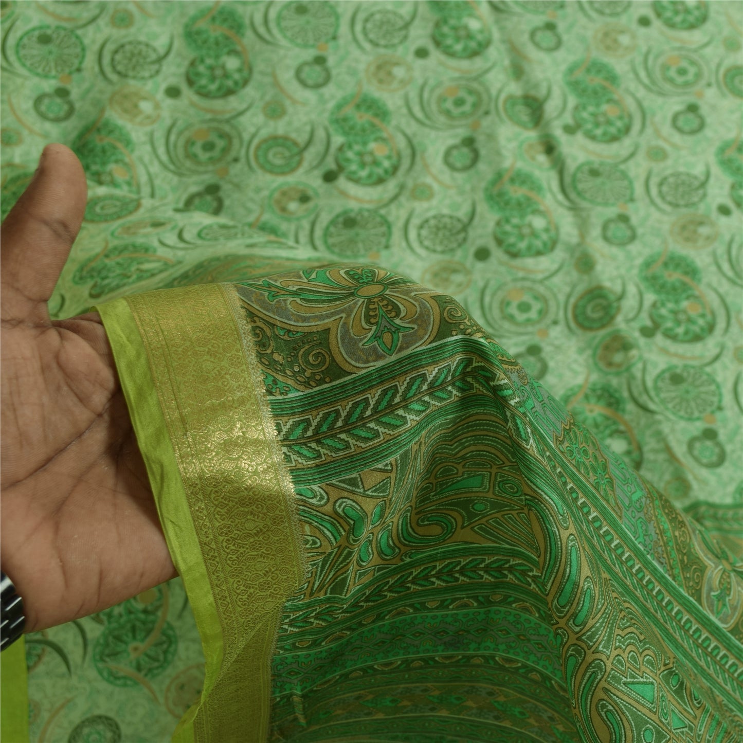 Sanskriti Vintage Sarees Green Zari Border Pure Silk Printed Sari 5+yd Fabric