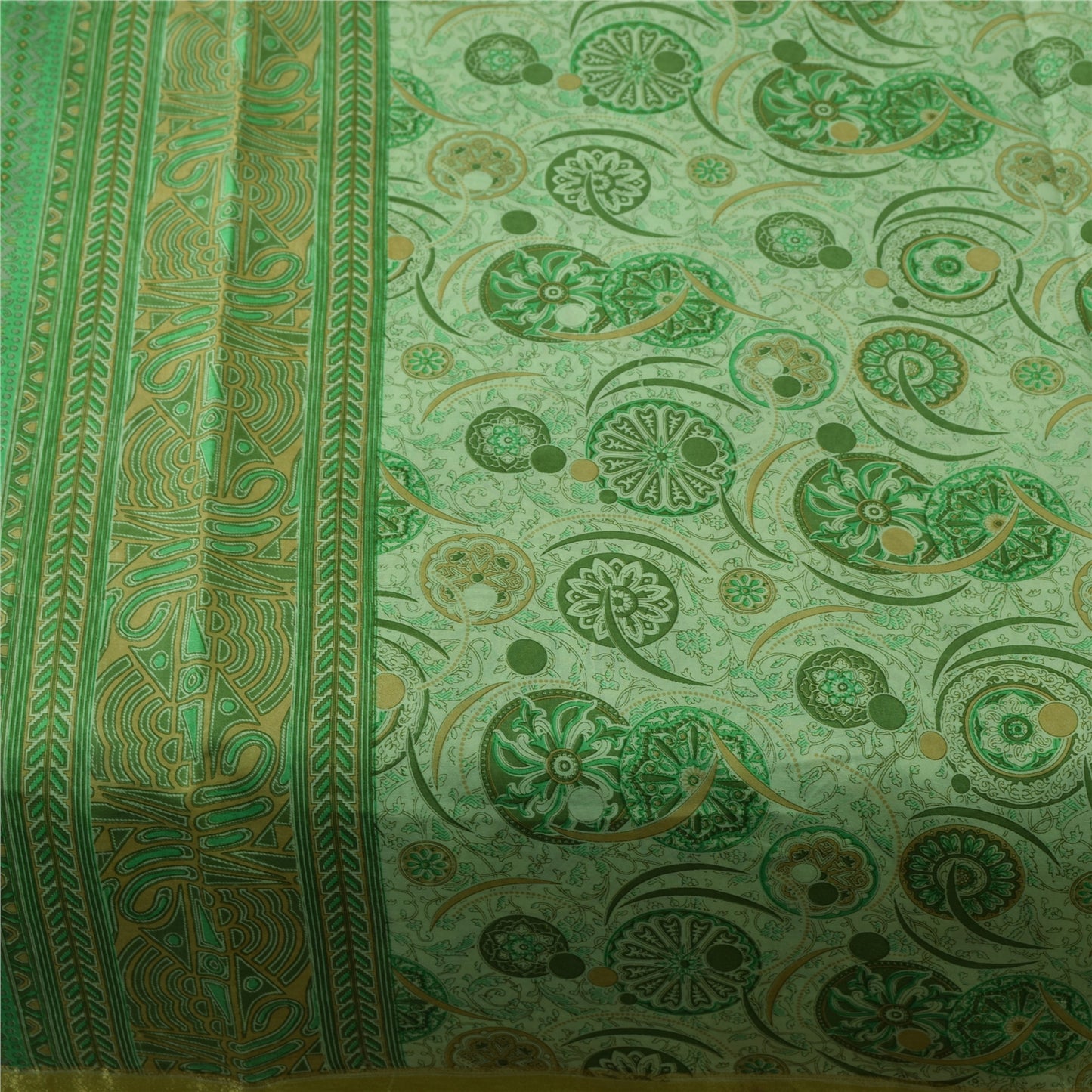 Sanskriti Vintage Sarees Green Zari Border Pure Silk Printed Sari 5+yd Fabric