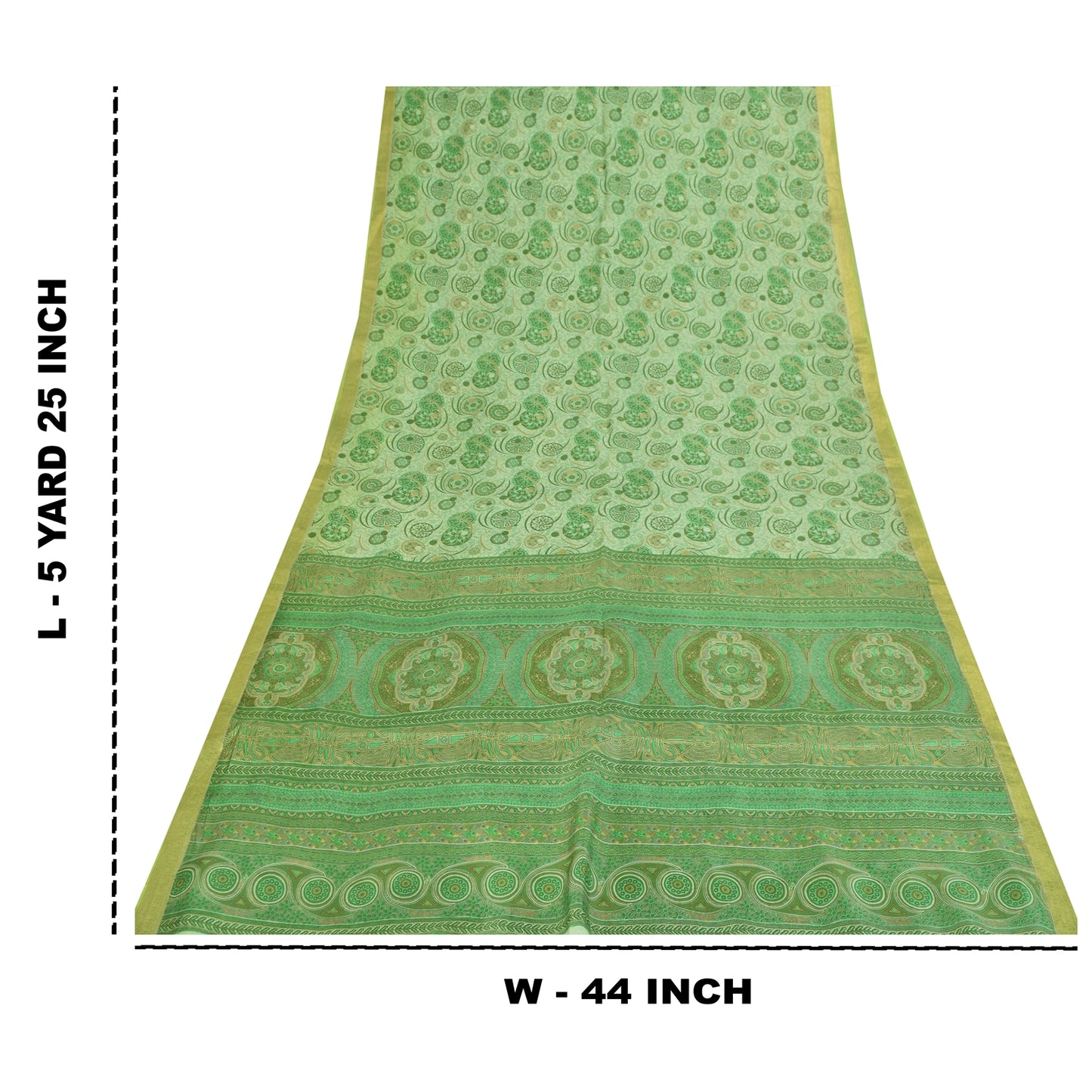 Sanskriti Vintage Sarees Green Zari Border Pure Silk Printed Sari 5+yd Fabric