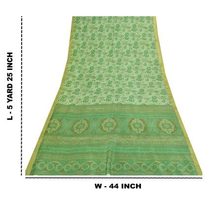 Sanskriti Vintage Sarees Green Zari Border Pure Silk Printed Sari 5+yd Fabric