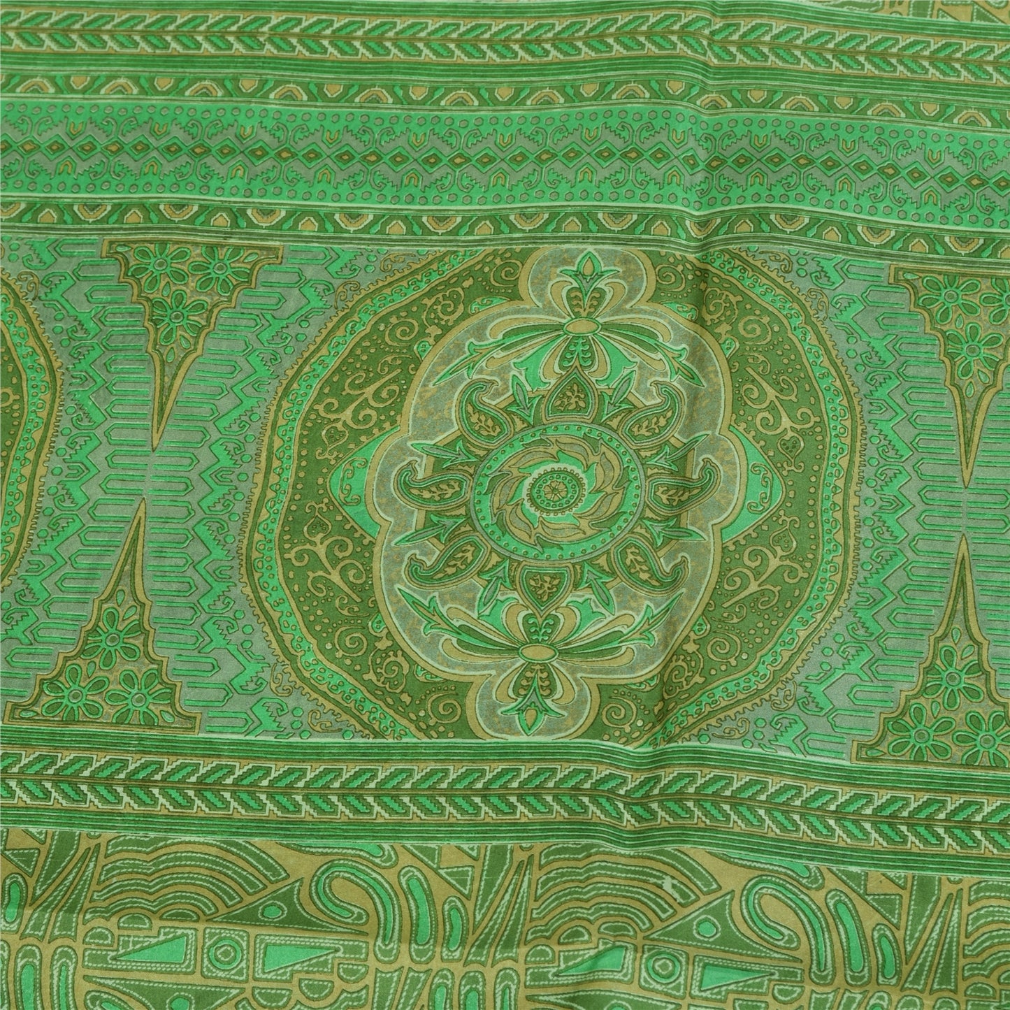 Sanskriti Vintage Sarees Green Zari Border Pure Silk Printed Sari 5+yd Fabric