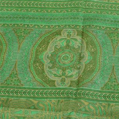 Sanskriti Vintage Sarees Green Zari Border Pure Silk Printed Sari 5+yd Fabric