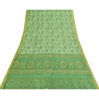 Sanskriti Vintage Sarees Green Zari Border Pure Silk Printed Sari 5+yd Fabric