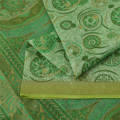 Sanskriti Vintage Sarees Green Zari Border Pure Silk Printed Sari 5+yd Fabric