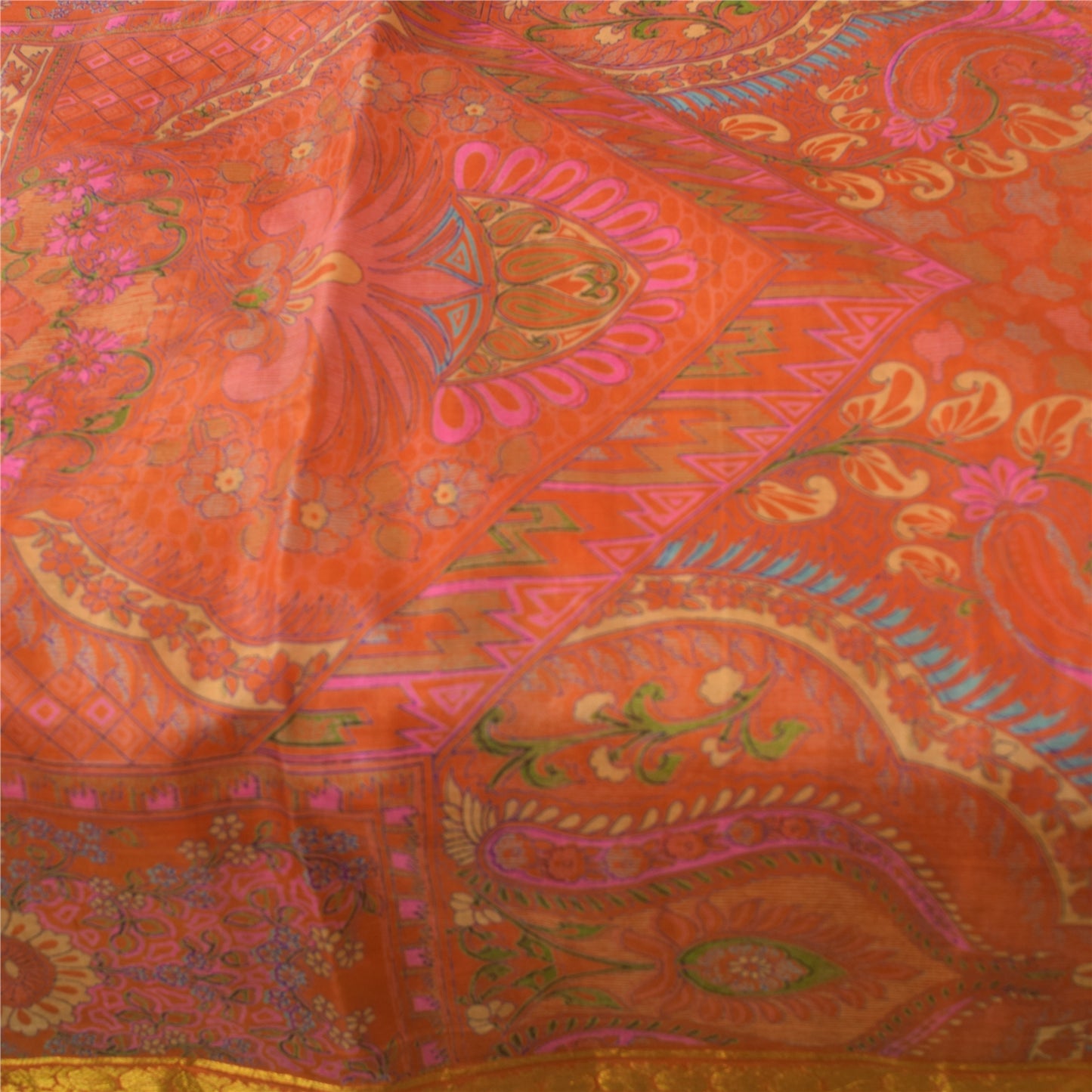 Sanskriti Vintage Sarees Orange Pure Silk Zari Border Printed Sari 6+yd Fabric