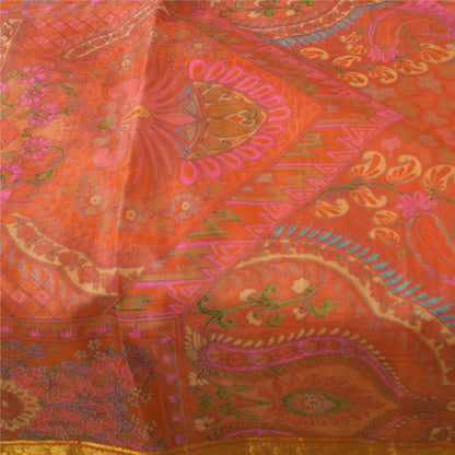Sanskriti Vintage Sarees Orange Pure Silk Zari Border Printed Sari 6+yd Fabric