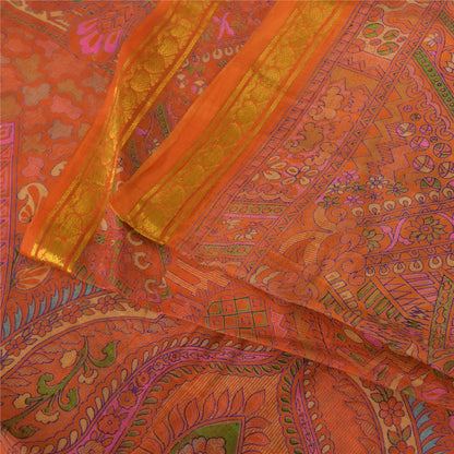 Sanskriti Vintage Sarees Orange Pure Silk Zari Border Printed Sari 6+yd Fabric