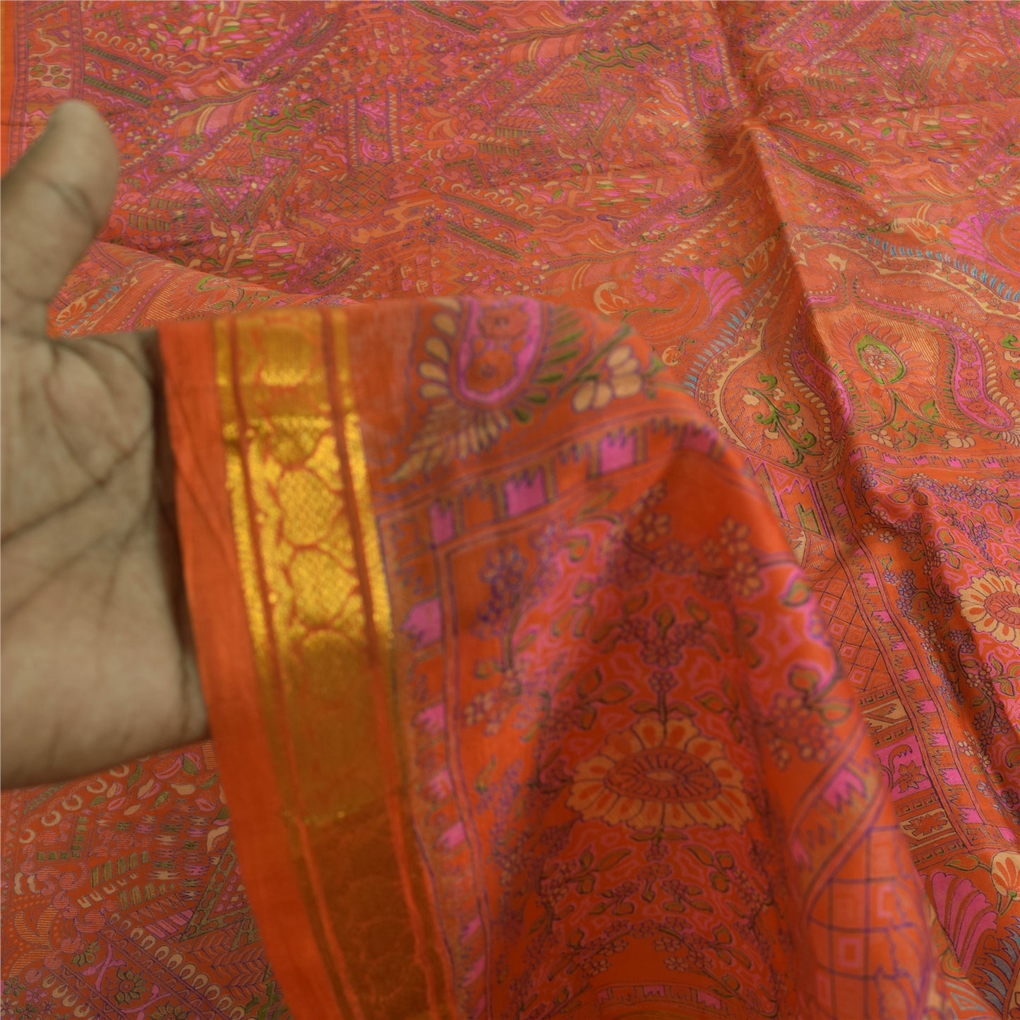 Sanskriti Vintage Sarees Orange Pure Silk Zari Border Printed Sari 6+yd Fabric