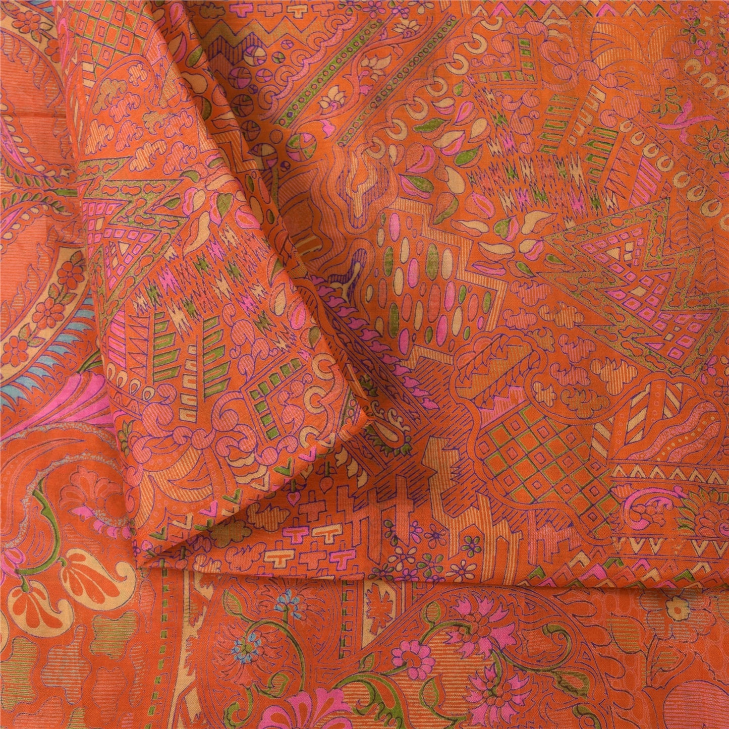 Sanskriti Vintage Sarees Orange Pure Silk Zari Border Printed Sari 6+yd Fabric