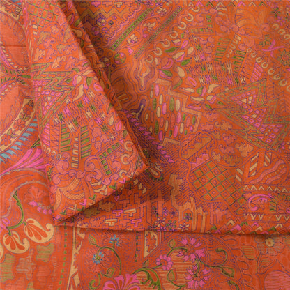 Sanskriti Vintage Sarees Orange Pure Silk Zari Border Printed Sari 6+yd Fabric