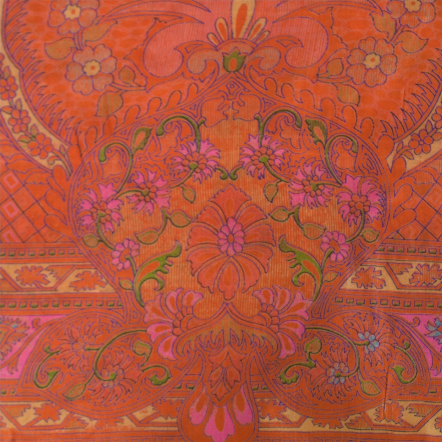 Sanskriti Vintage Sarees Orange Pure Silk Zari Border Printed Sari 6+yd Fabric