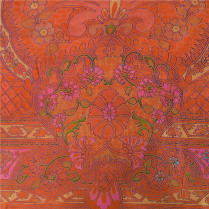 Sanskriti Vintage Sarees Orange Pure Silk Zari Border Printed Sari 6+yd Fabric