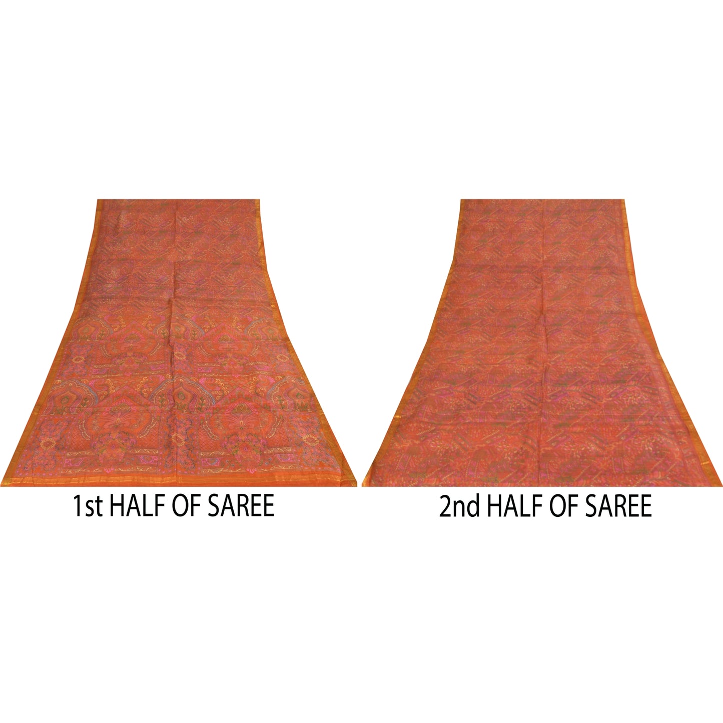 Sanskriti Vintage Sarees Orange Pure Silk Zari Border Printed Sari 6+yd Fabric