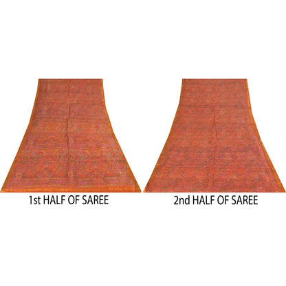 Sanskriti Vintage Sarees Orange Pure Silk Zari Border Printed Sari 6+yd Fabric