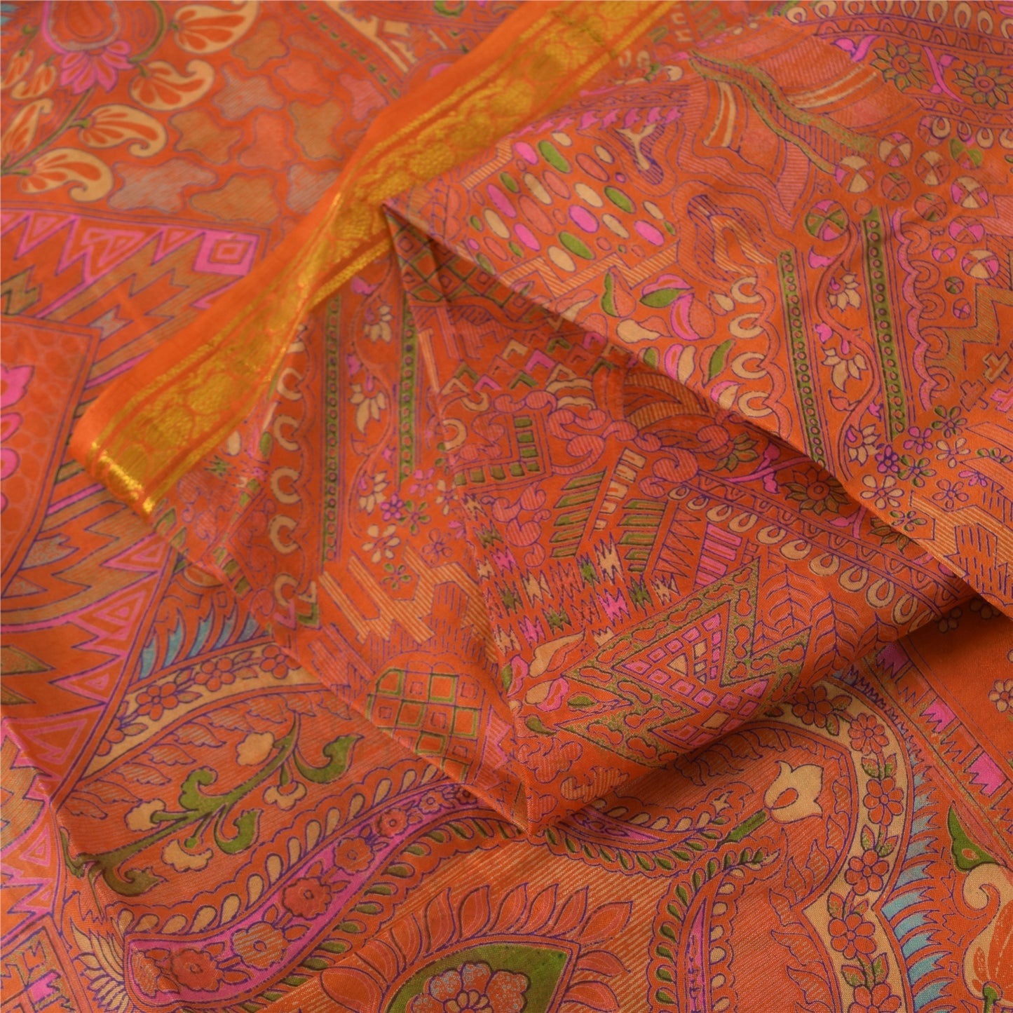 Sanskriti Vintage Sarees Orange Pure Silk Zari Border Printed Sari 6+yd Fabric