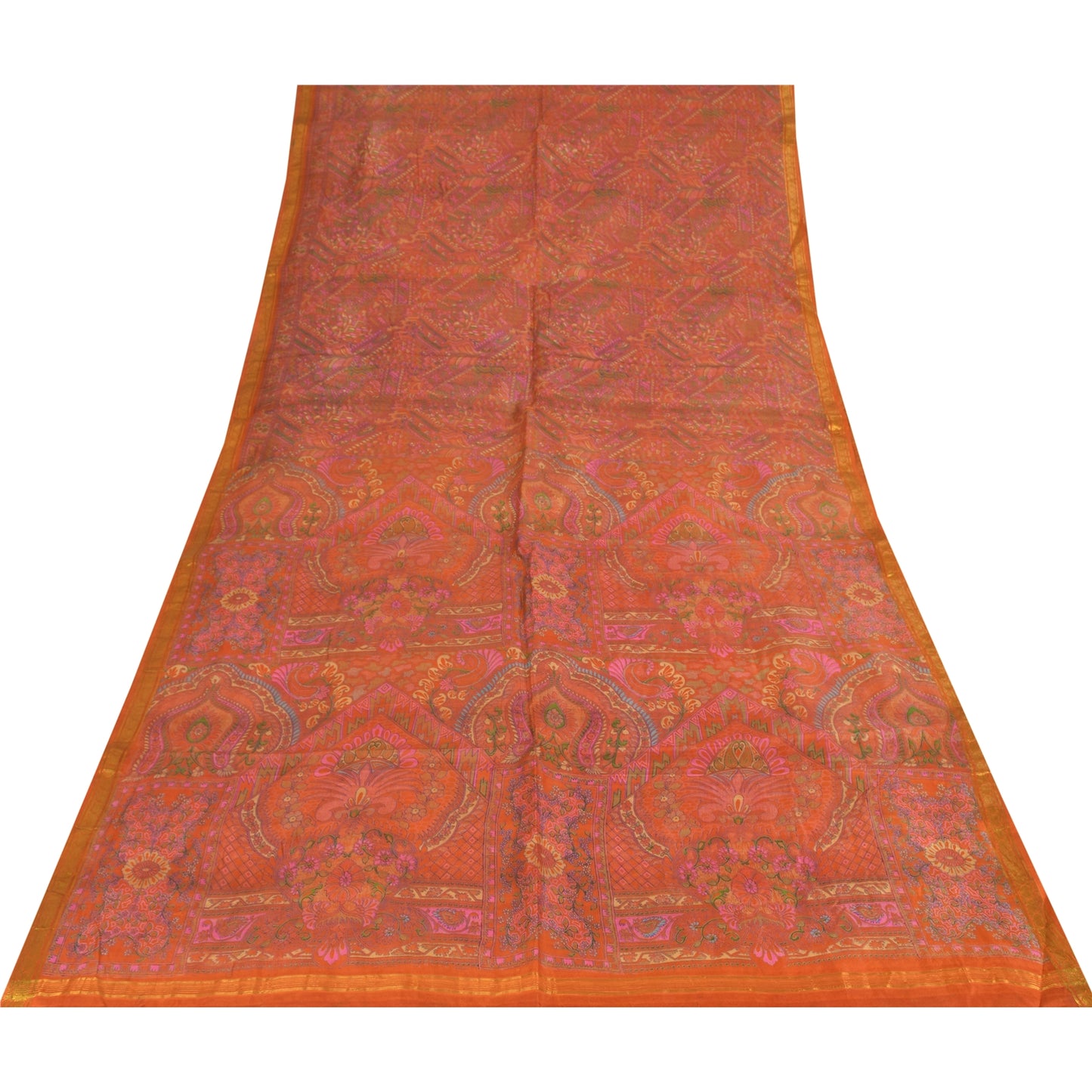 Sanskriti Vintage Sarees Orange Pure Silk Zari Border Printed Sari 6+yd Fabric
