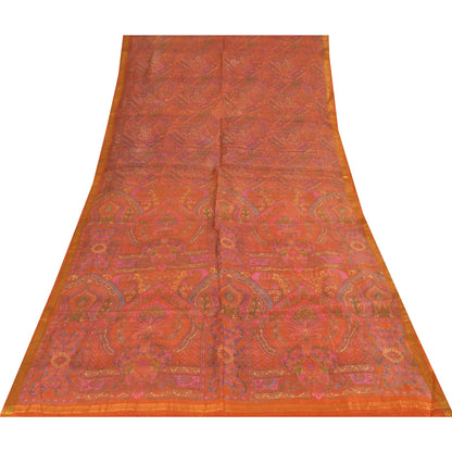 Sanskriti Vintage Sarees Orange Pure Silk Zari Border Printed Sari 6+yd Fabric