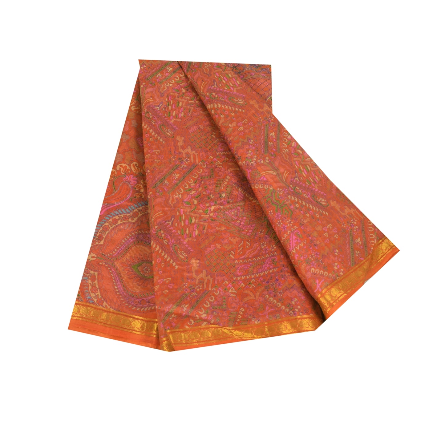 Sanskriti Vintage Sarees Orange Pure Silk Zari Border Printed Sari 6+yd Fabric