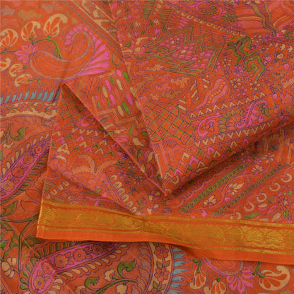 Sanskriti Vintage Sarees Orange Pure Silk Zari Border Printed Sari 6+yd Fabric
