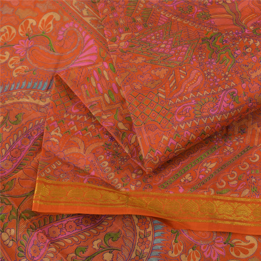Sanskriti Vintage Sarees Orange Pure Silk Zari Border Printed Sari 6+yd Stof