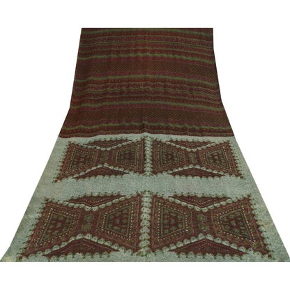 Sanskriti Vintage Sarees Brown Indian Pure Silk Printed Sari 5+yd Craft Fabric