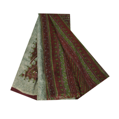 Sanskriti Vintage Sarees Brown Indian Pure Silk Printed Sari 5+yd Craft Fabric