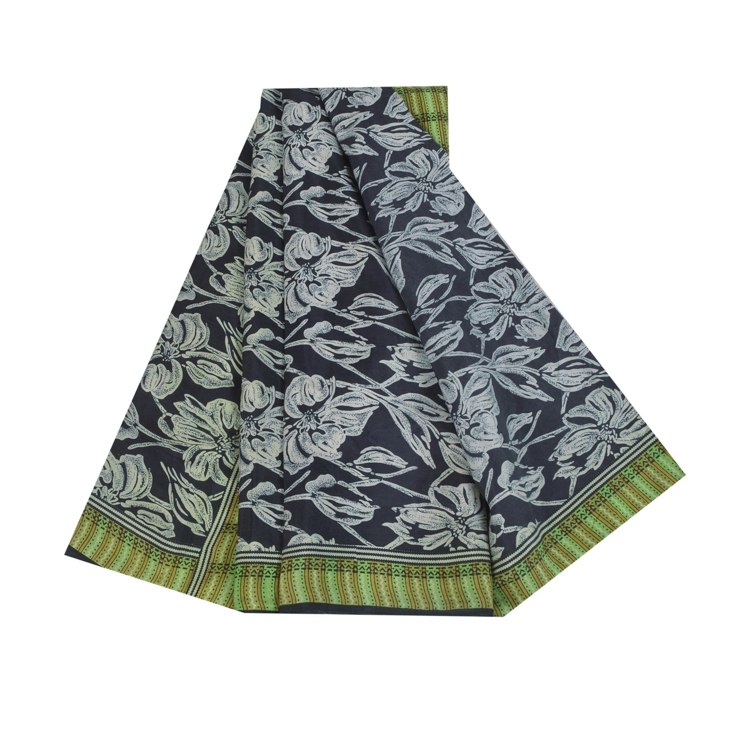 Sanskriti Vintage Sarees Black Pure Silk Floral Printed Sari 5+yd Craft Fabric